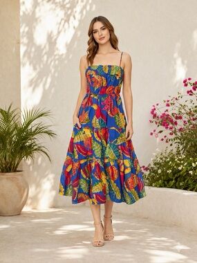 Farm Rio Beaks & Bananas Midi Dress S Cotton Floral Tiered Pockets Colorful